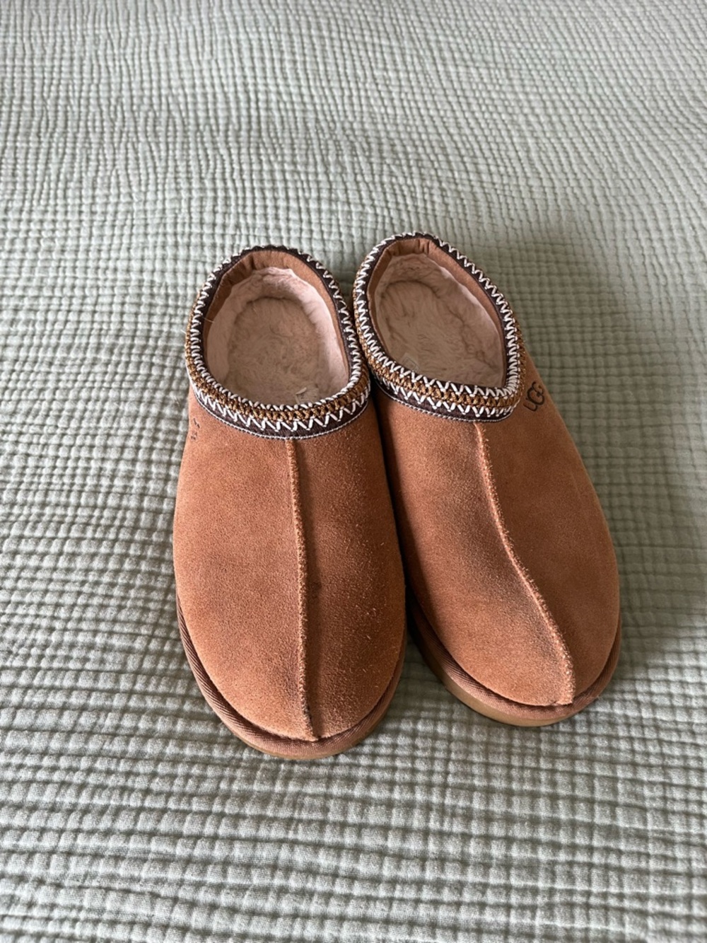 UGG Chestnut Suede Shearling-Lined Mule Clogs